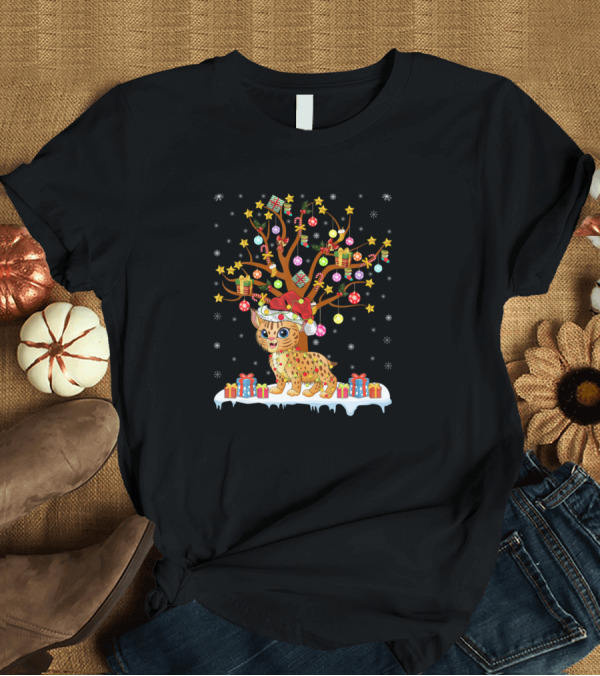 T-Shirt: Bobcat in Santa Hat Decorating Colorful Christmas Tree with Gifts T-Shirt Bobcat in Santa Hat Decorating Colorful Christmas Tree with Gifts T-Shirt