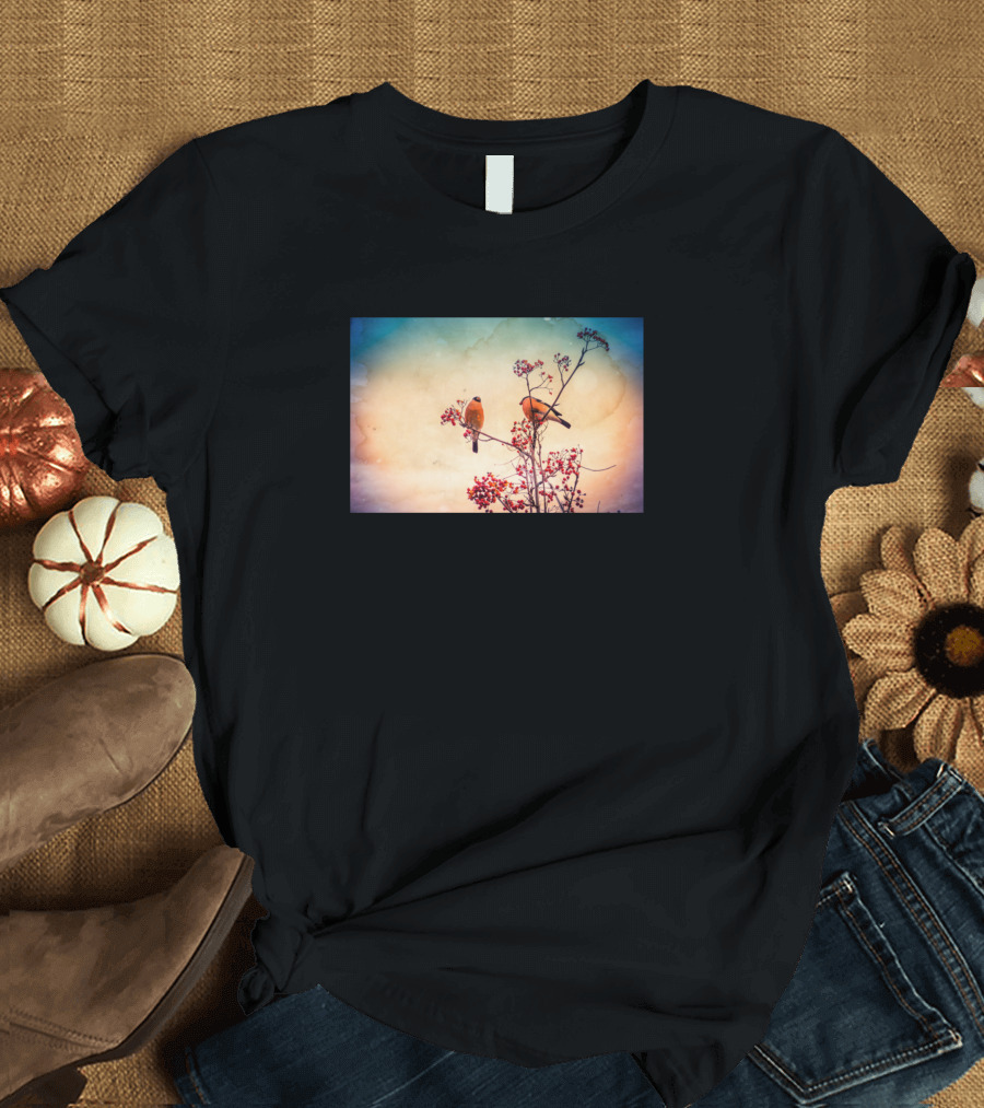 Bullfinch Eat Rowan Vintage Sky Birds T-Shirt