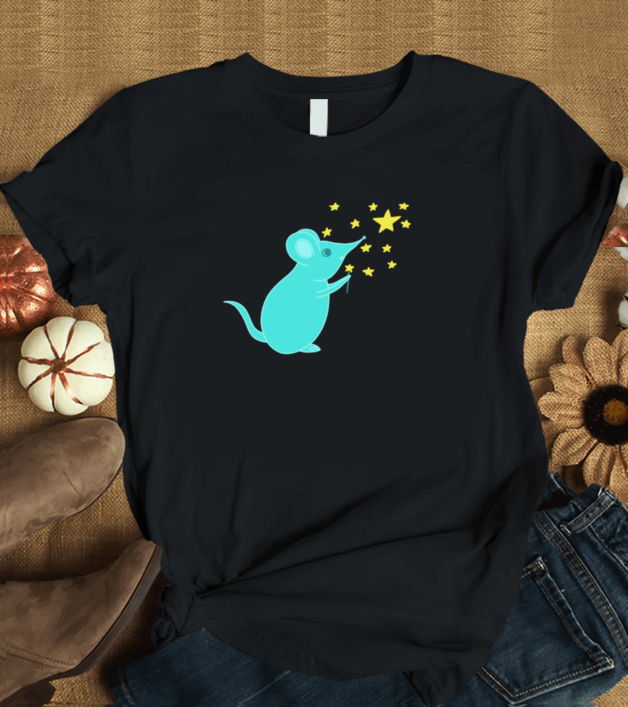 Cute Blue Mouse Casting Magic with Yellow Stars T-Shirt