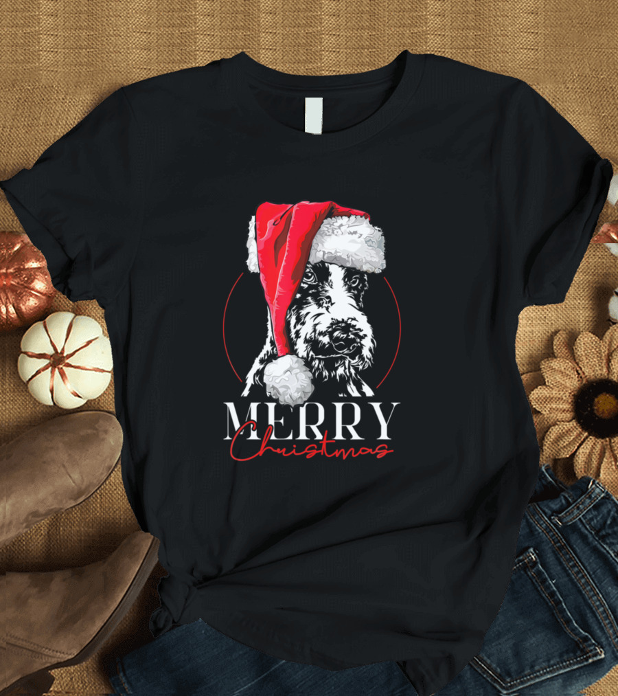 Merry Christmas Fox Terrier Santa Hat Funny Dog T-Shirt