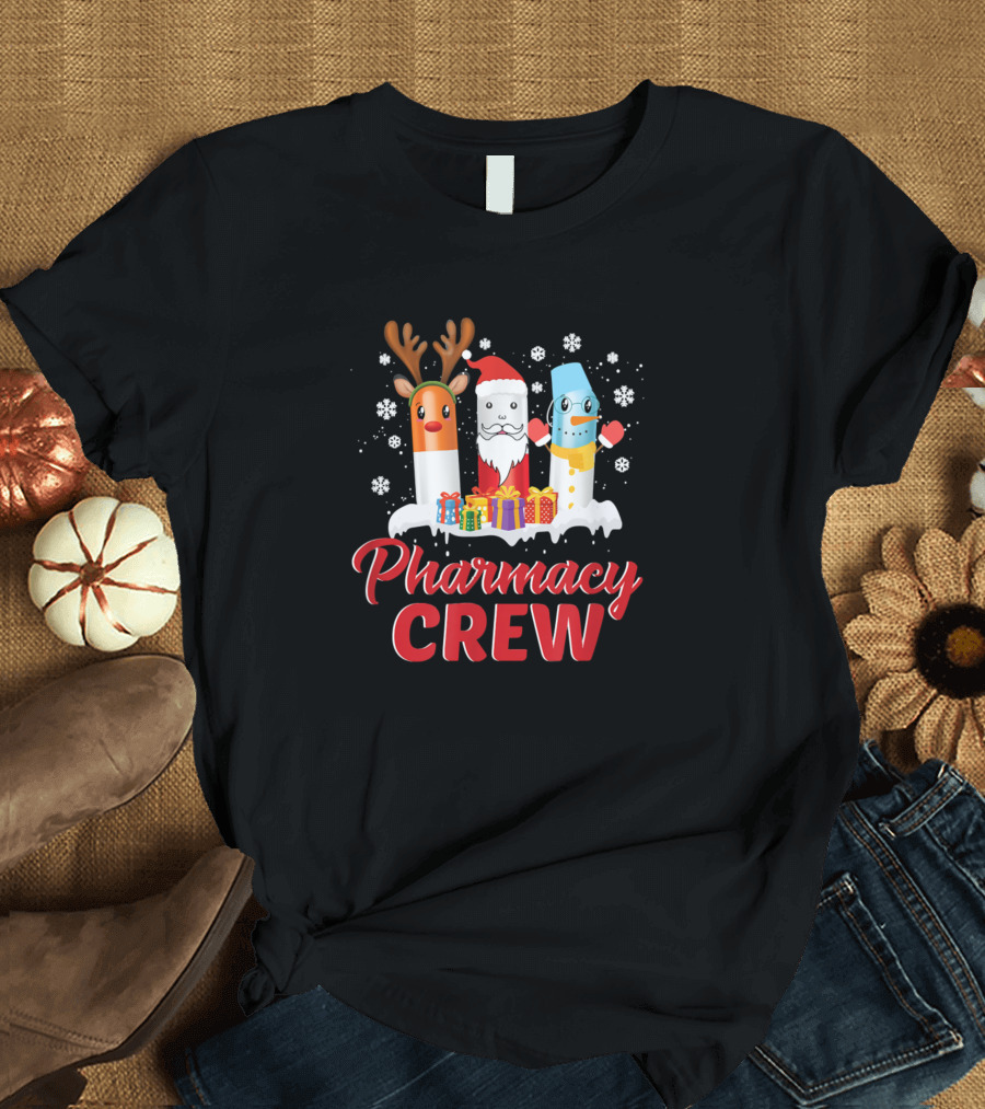 Christmas Pharmacy Crew Santa Claus Reindeer Pill with Gifts and Snowflakes T-Shirt
