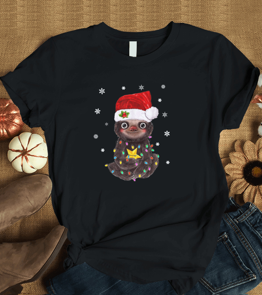 Cute Christmas Choloepus Sloth Santa LED Lights Snowflakes T-Shirt