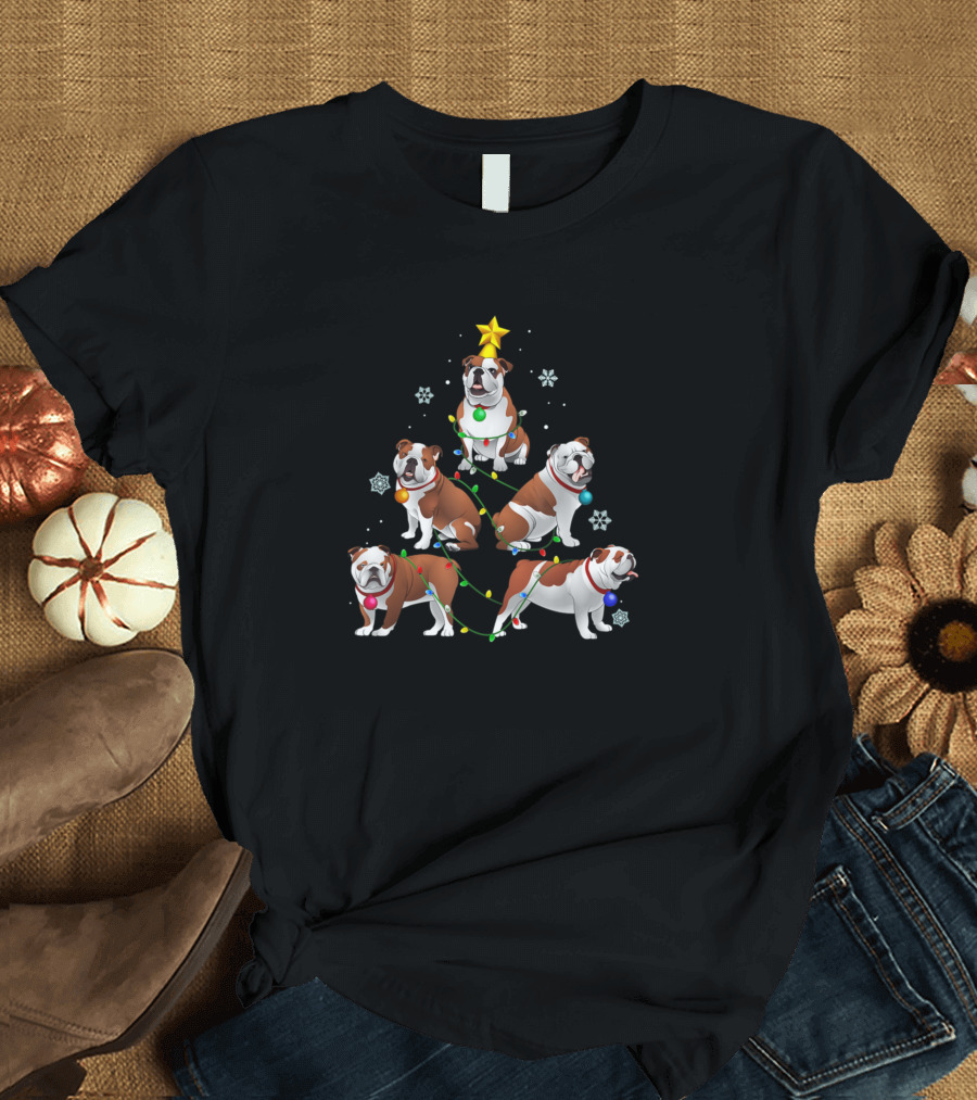 Bulldog Christmas Tree Ornament Decor with Snowflakes and Lights T-Shirt