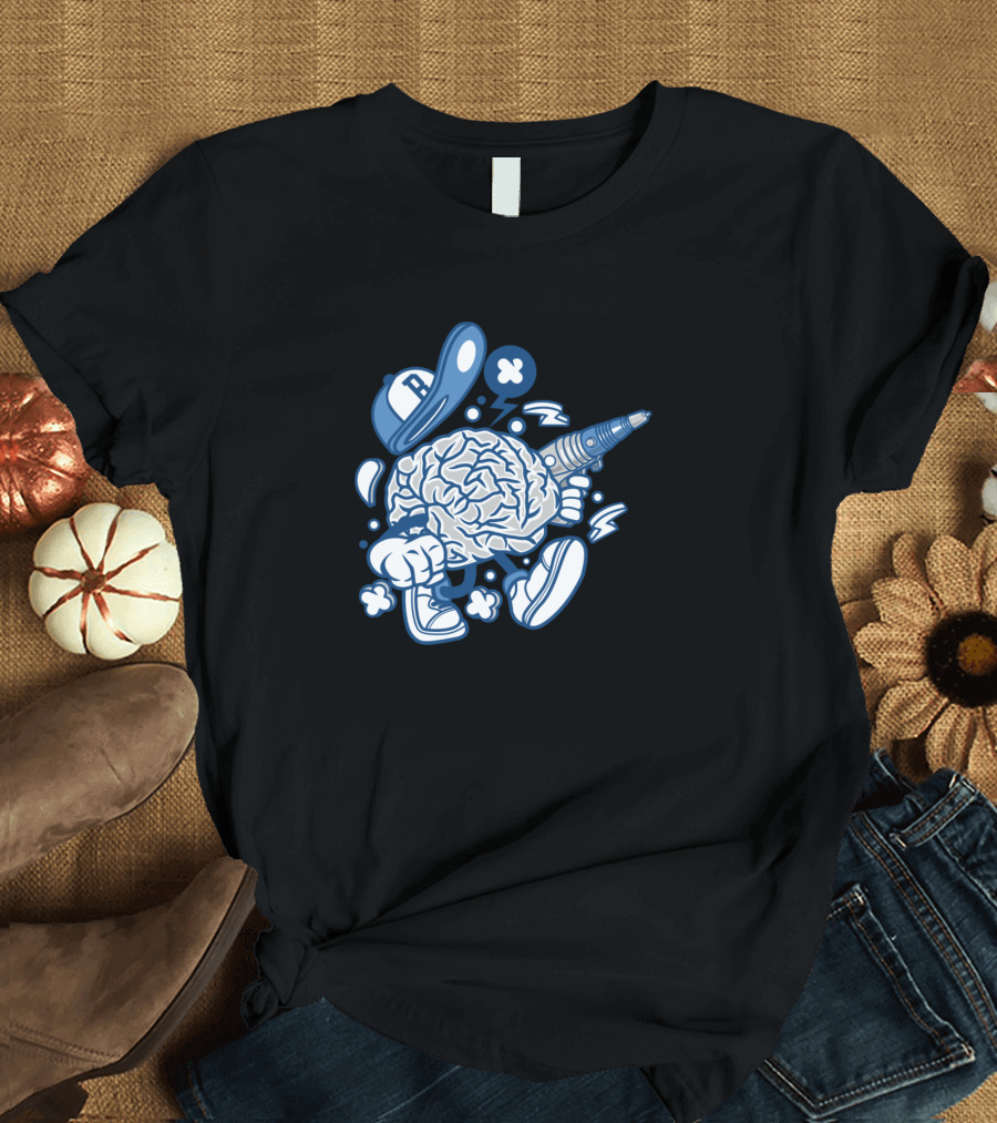 Brain Cartoon Character with Cap and Drill in Comic T-Shirt