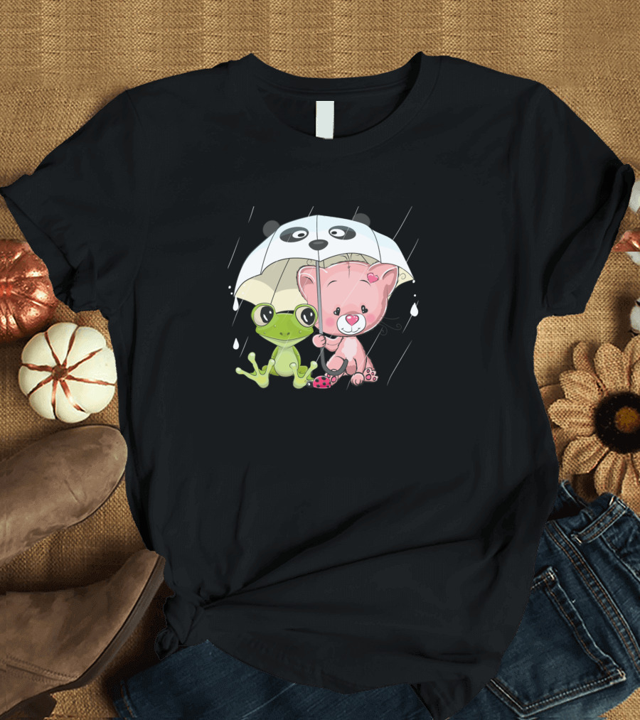 Frog and Kitten Under Panda Umbrella in Rain T-Shirt
