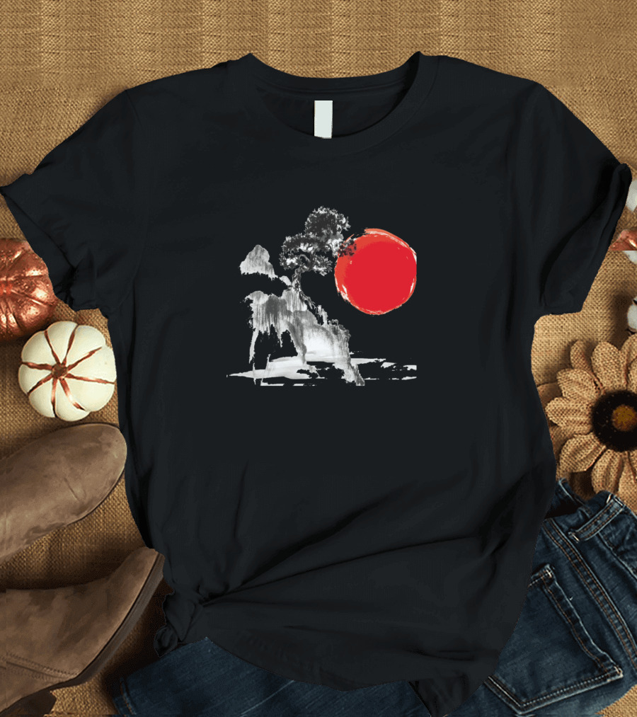 Red Sun And The Tree Brush Ink Landscape T-Shirt