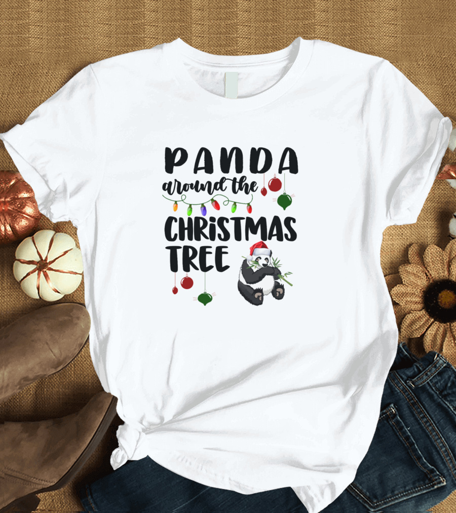 Panda Around the Christmas Tree Santa Hat Lights Ornaments T-Shirt