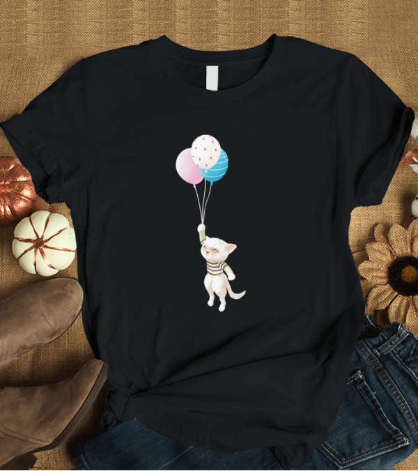 T-Shirt: Cats Cat With Balloon Funny Kitty Striped T-Shirt Cats Cat With Balloon Funny Kitty Striped T-Shirt