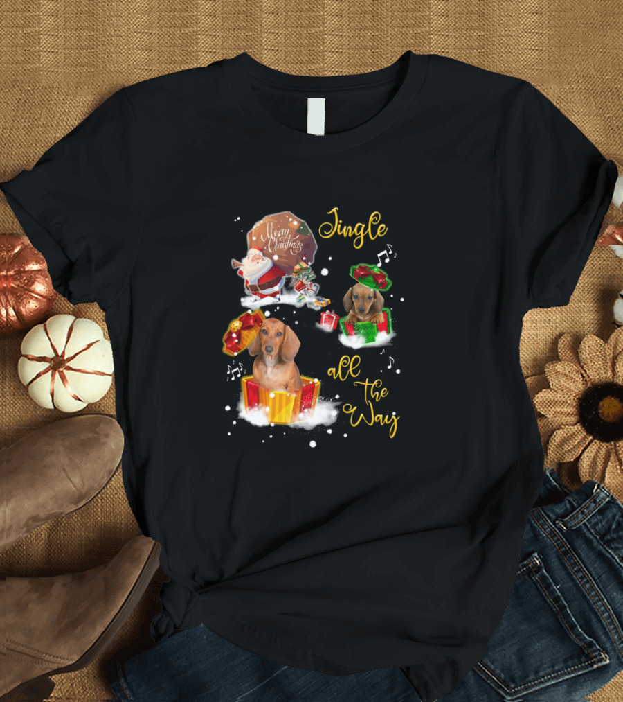 Jingle All the Way Merry Christmas Dog Dachshund Puppy Pet T-Shirt