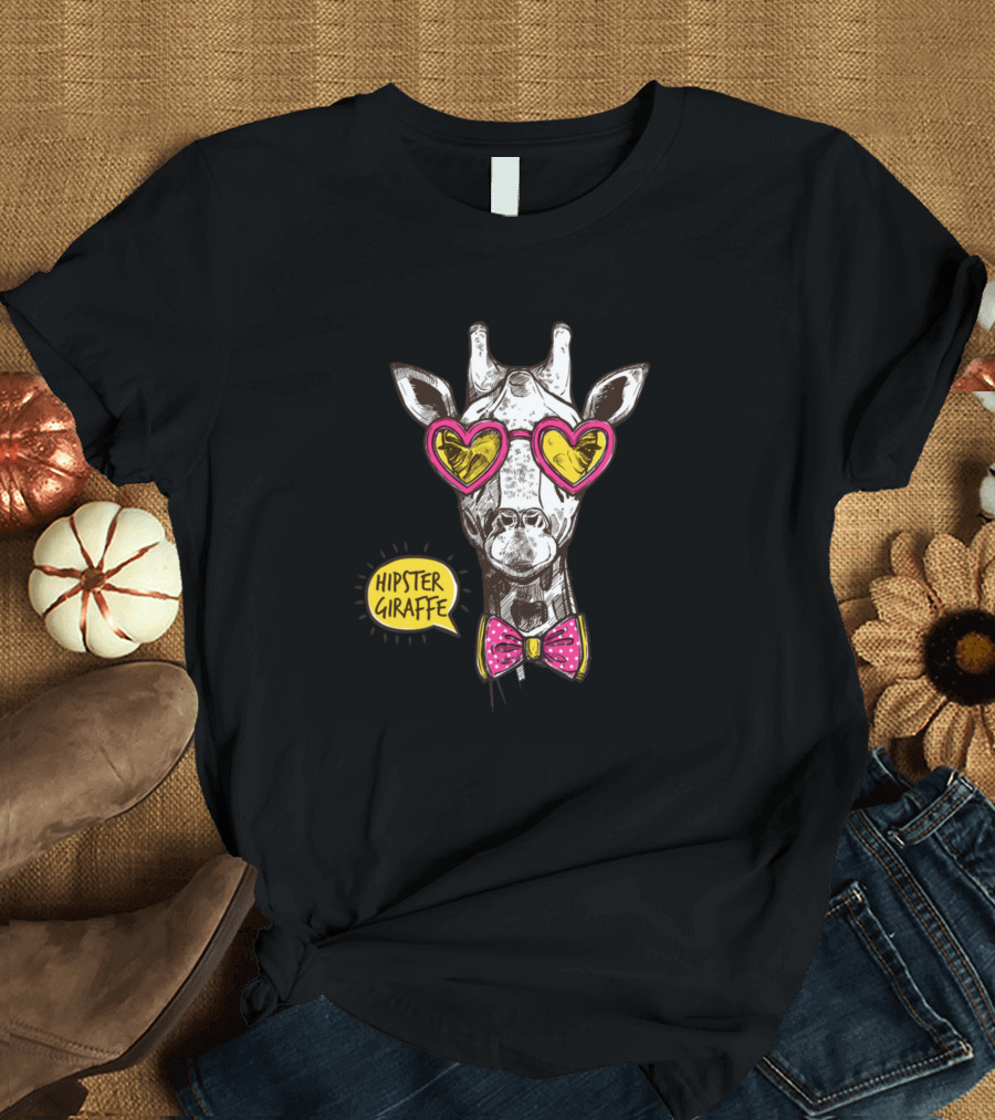 Hipster Giraffe Heart Glasses Pink Bow Tie T-Shirt