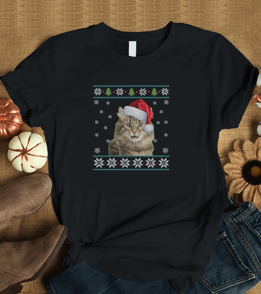 Merry Christmas American Bobtail Santa Hat Ugly Sweater Style Snowflakes Trees T-Shirt