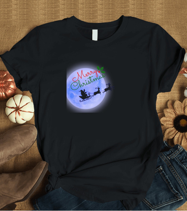 T-Shirt: Merry Christmas Santa Claus Sleigh Silhouette in Front of Full Moon T-Shirt Merry Christmas Santa Claus Sleigh Silhouette in Front of Full Moon T-Shirt