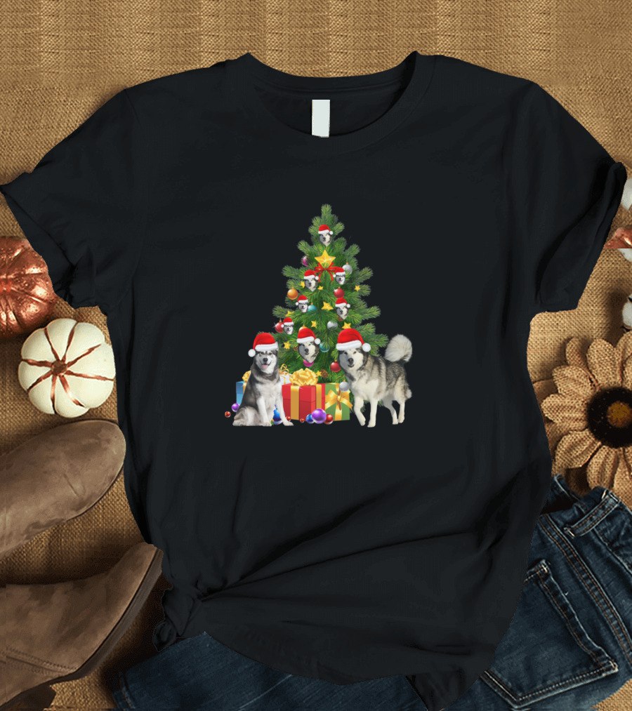 Alaskan Dog Santa Hats Christmas Tree with Gifts and Ornaments T-Shirt