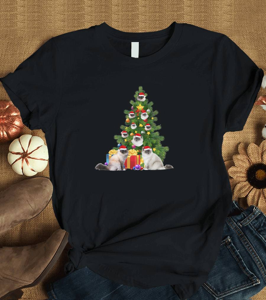 Birman Cat Decorated Christmas Tree with Santa Hats and Presents T-Shirt