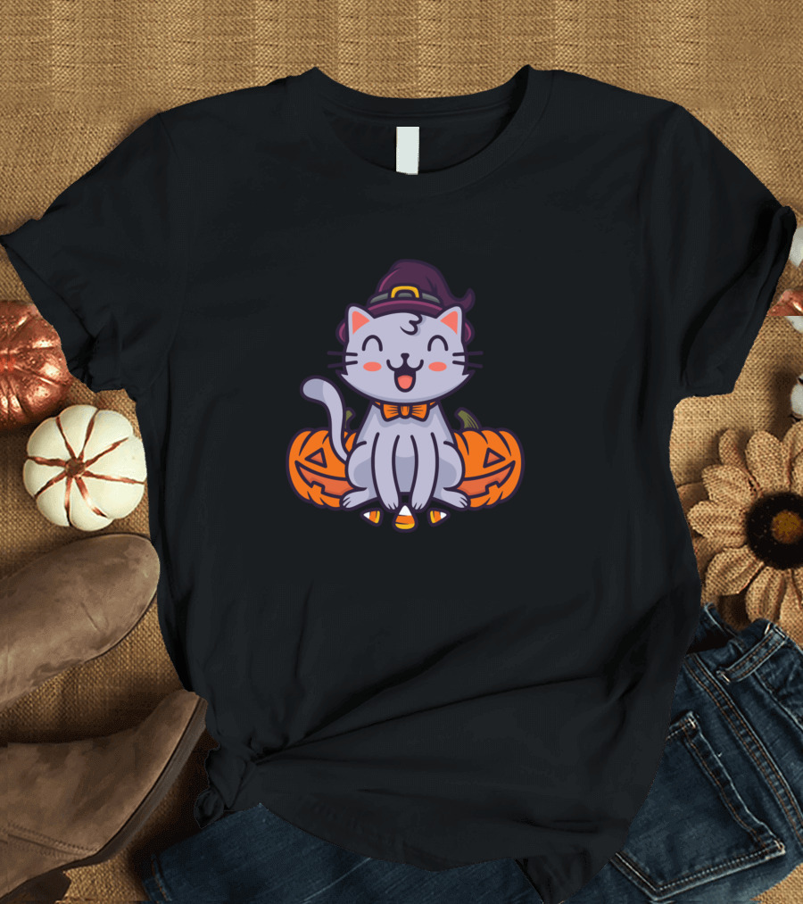 Cats Happy Halloween Funny Kitty Witch Hat Pumpkins T-Shirt