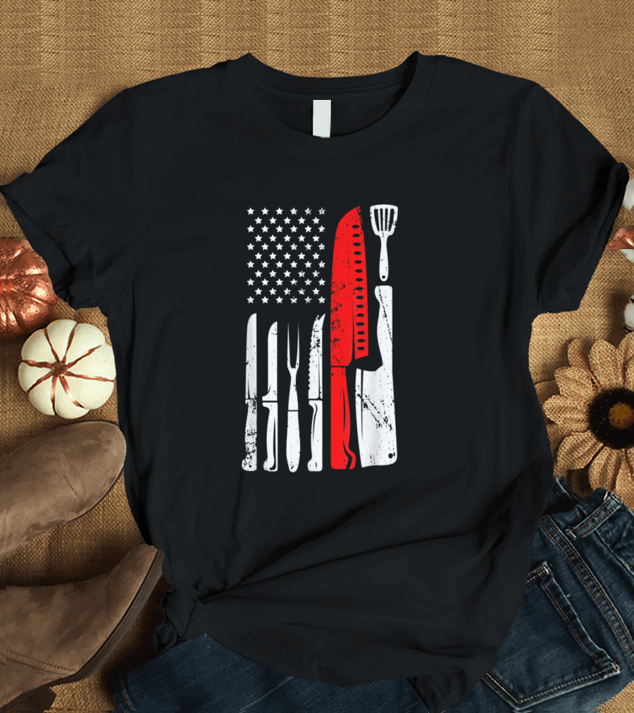 Chef Knife USA Flag Patriotic Cook Tools T-Shirt