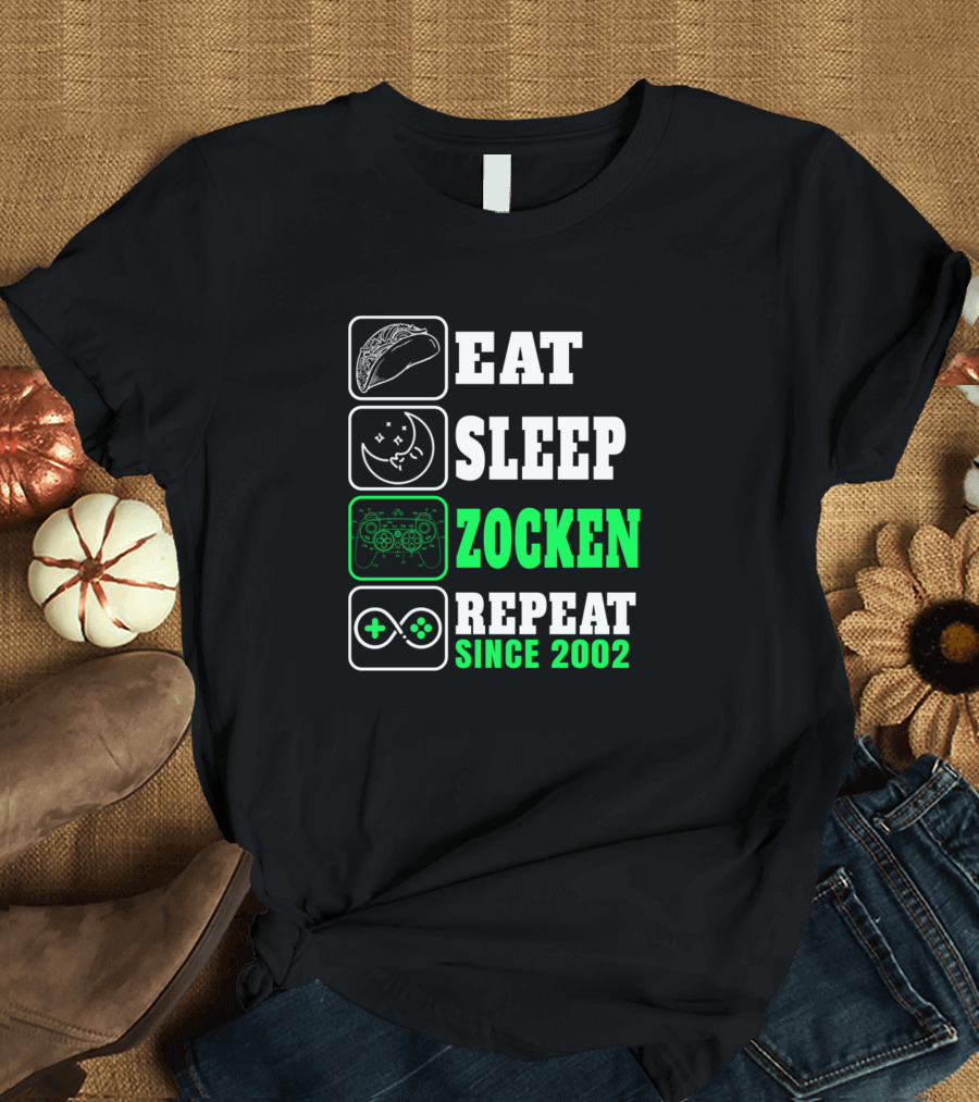 Eat Sleep Zocken Repeat Since 2002 Gaming Icons T-Shirt