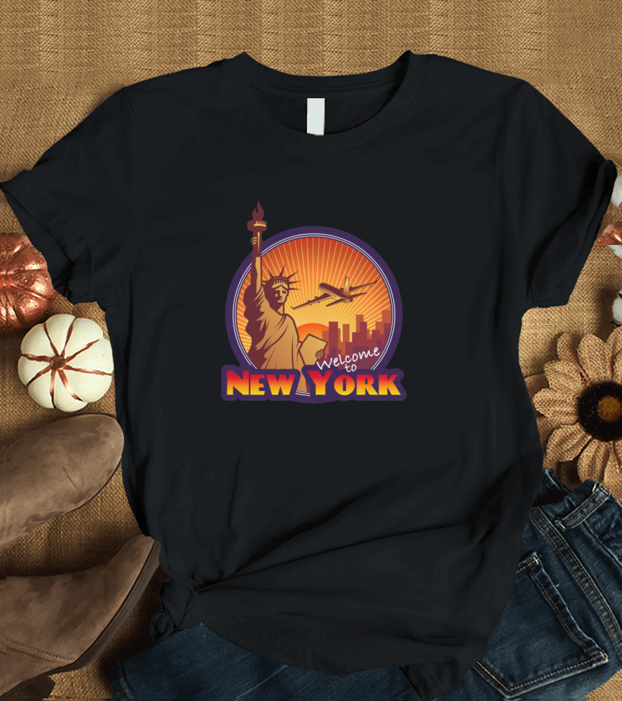 Welcome to New York City Statue of Liberty Skyline Airplane T-Shirt