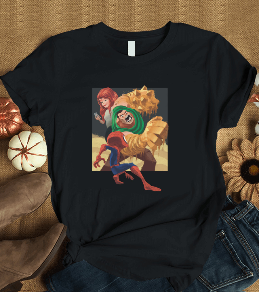 Spiderman Battling Sandman and Woman Texting T-Shirt