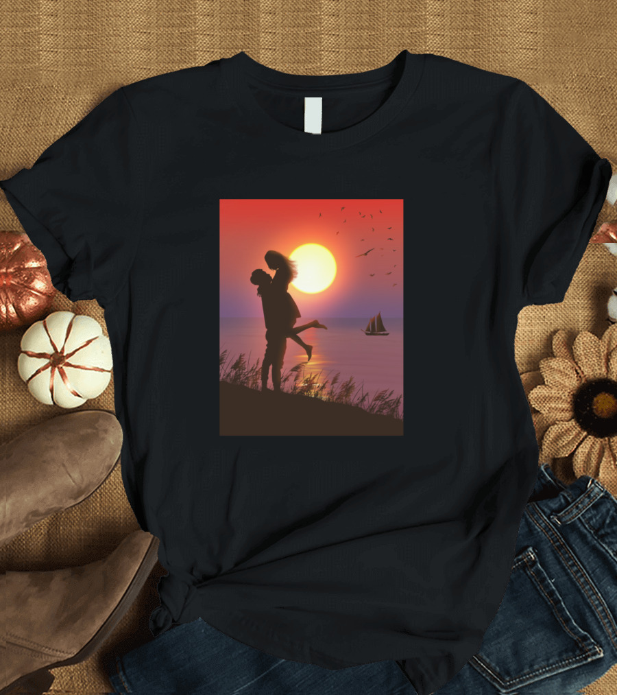Sunset Embrace Lovers Silhouette with Sailboat and Birds T-Shirt