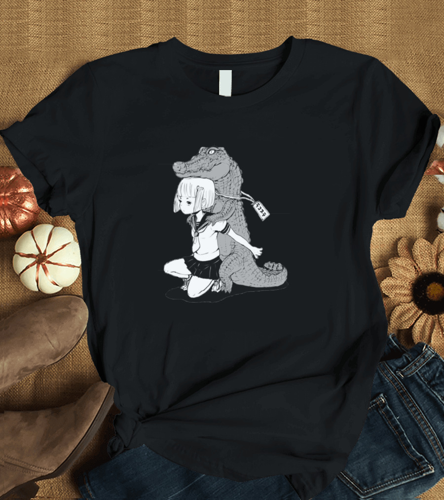 Crocodile Embrace with Schoolgirl and Japanese Tag T-Shirt