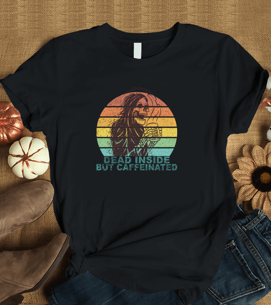 Dead Inside But Caffeinated Skeleton with Cup Retro Sunset Lines T-Shirt