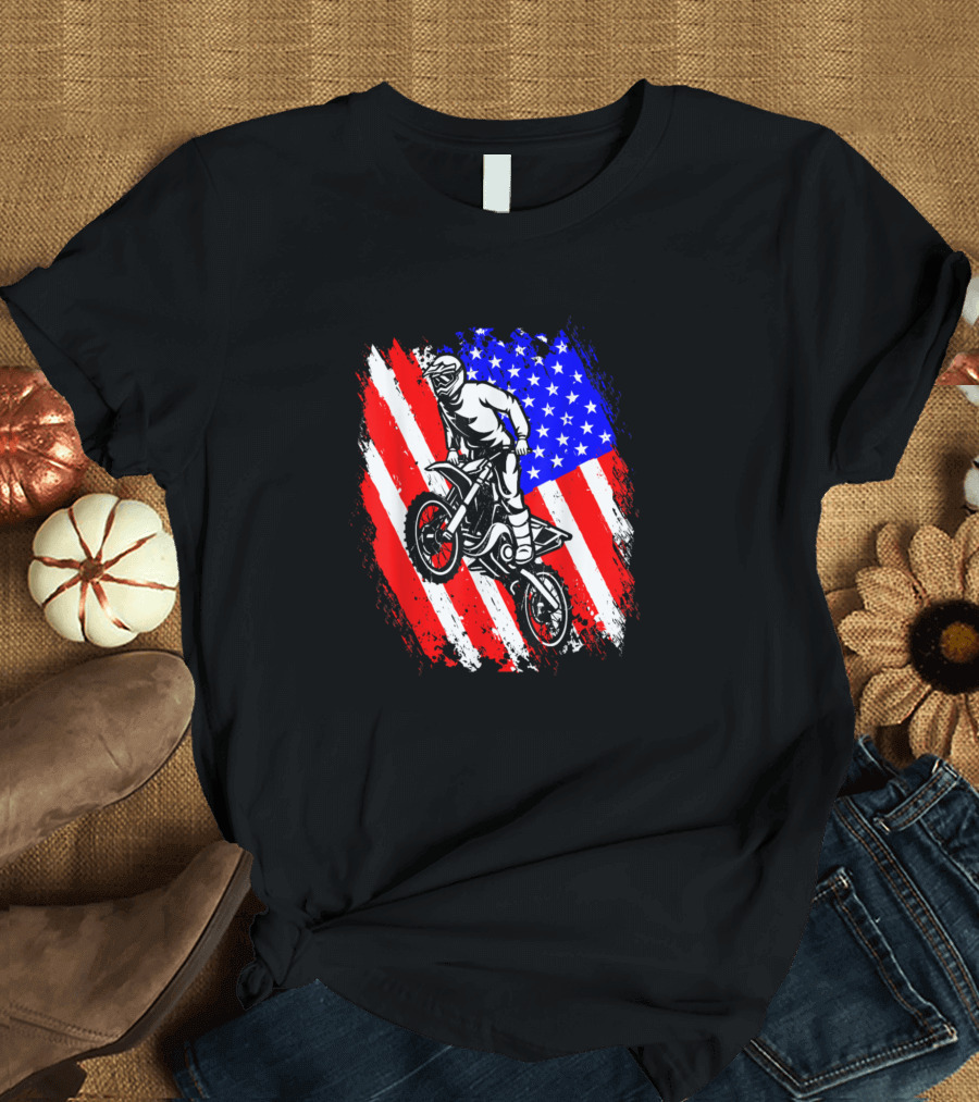 Dirt Bike American Flag Motocross USA Flag Lover T-Shirt