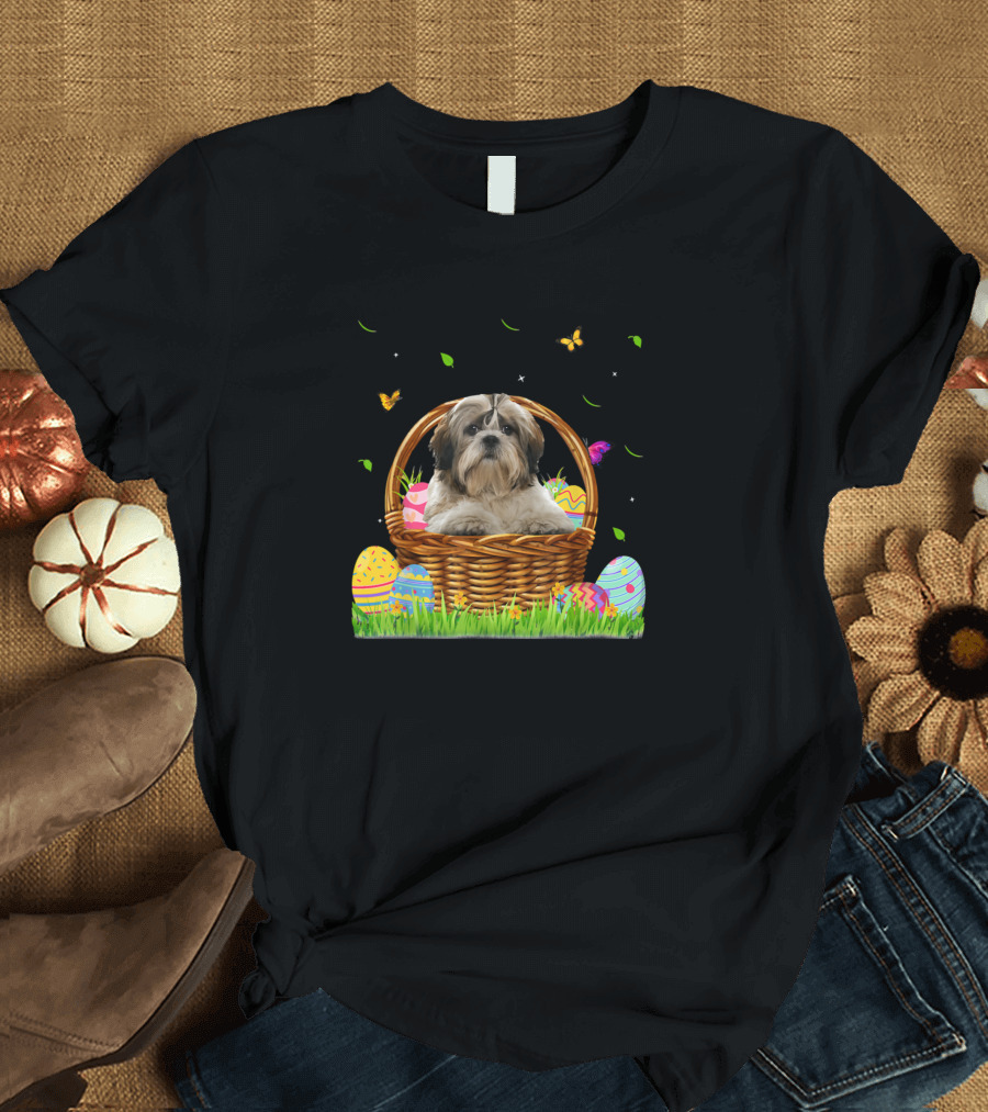 Cute Shih Tzu in Easter Bunny Eggs Basket with Butterflies for Dog Lovers T-Shirt