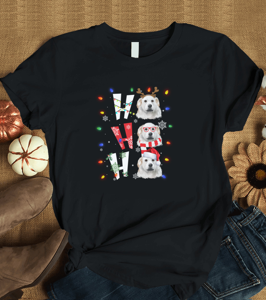 Ho Ho Ho Merry Christmas Kuvaszok Festive Dogs with Reindeer Antlers, Glasses, and Santa Hat T-Shirt