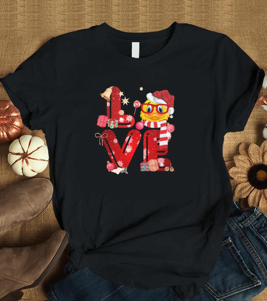 Love Pitbull Christmas Duck Santa Hat Scarf Gifts Snowflakes T-Shirt