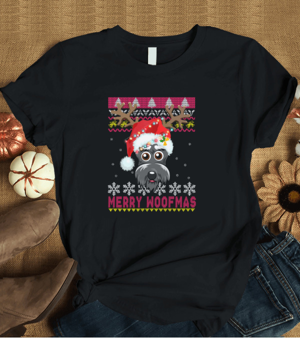 T-Shirt: Merry Woofmas Giant Schnauzer Christmas Santa Hat Reindeer Antlers Snowflakes T-Shirt Merry Woofmas Giant Schnauzer Christmas Santa Hat Reindeer Antlers Snowflakes T-Shirt