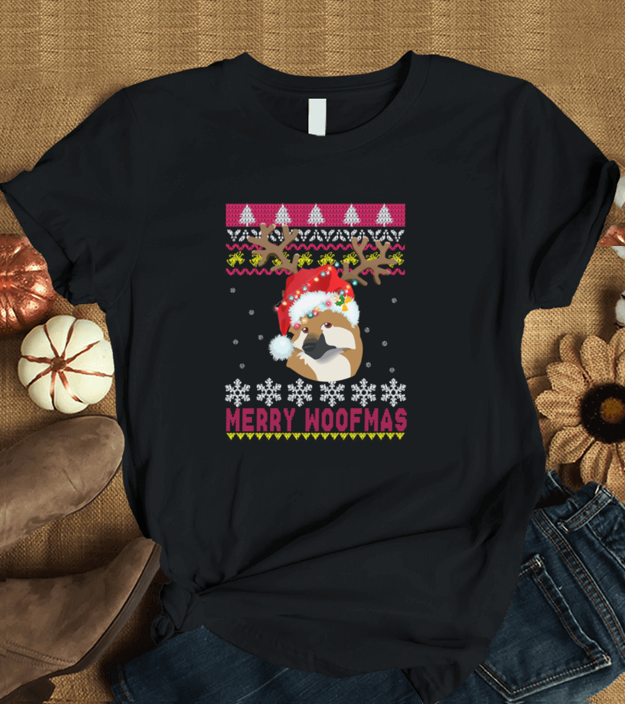 Merry Woofmas Icelandic Sheepdog Santa Hat Reindeer Antlers Holiday Snowflakes T-Shirt