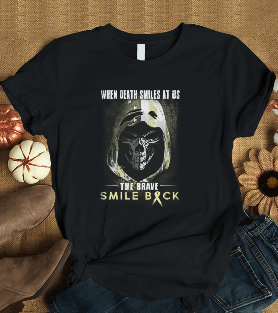 When Death Smiles At Us The Brave Smile Back Skeleton Hooded Skull American Flag T-Shirt