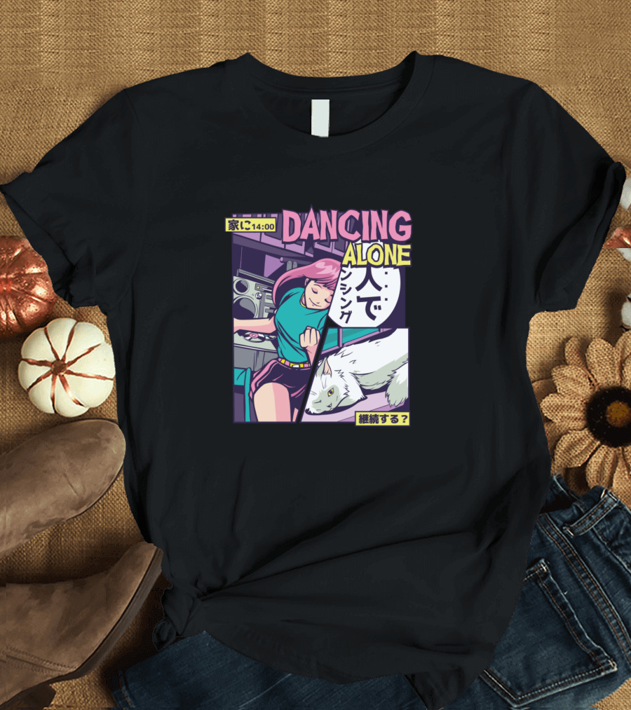 Dancing Alone Girl with White Cat and Vaporwave Style Japanese Text T-Shirt