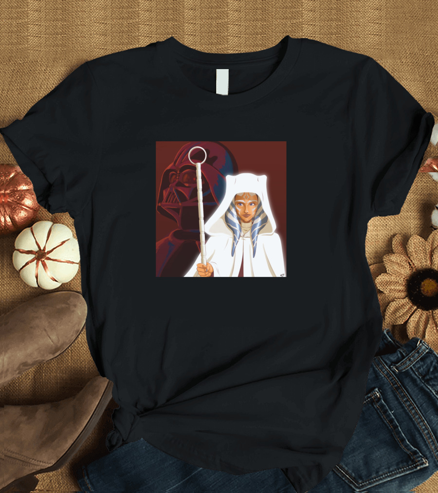 Ahsoka Tano White Cloak with Darth Vader Background T-Shirt