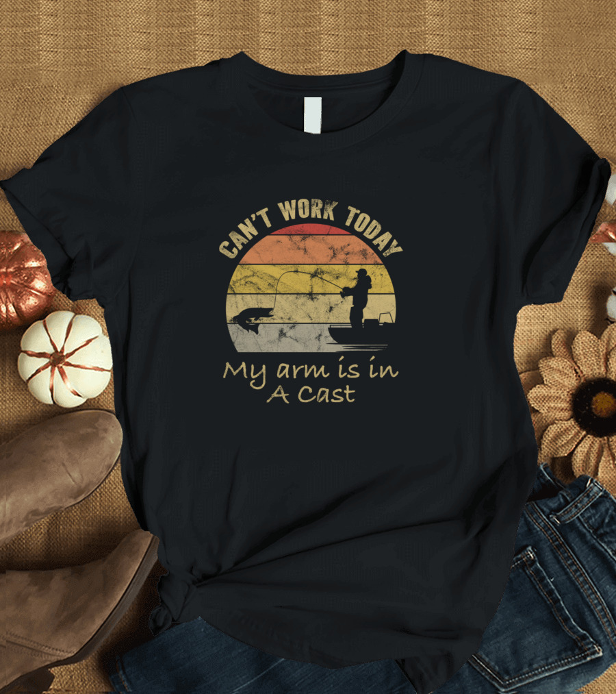 Can't Work Today My Arm Is In A Cast Fishing Boat Silhouette Retro Sunset T-Shirt