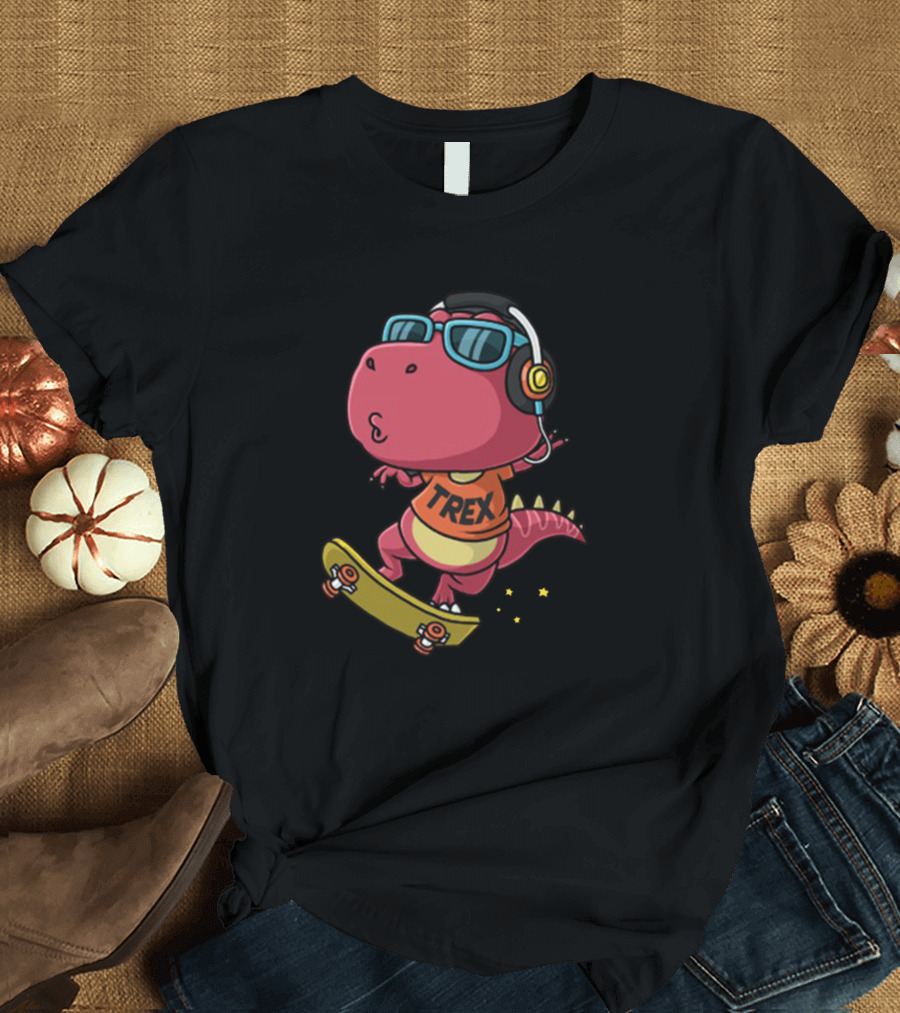 TREX Dinosaur Skateboarding with Headphones and Sunglasses T-Shirt