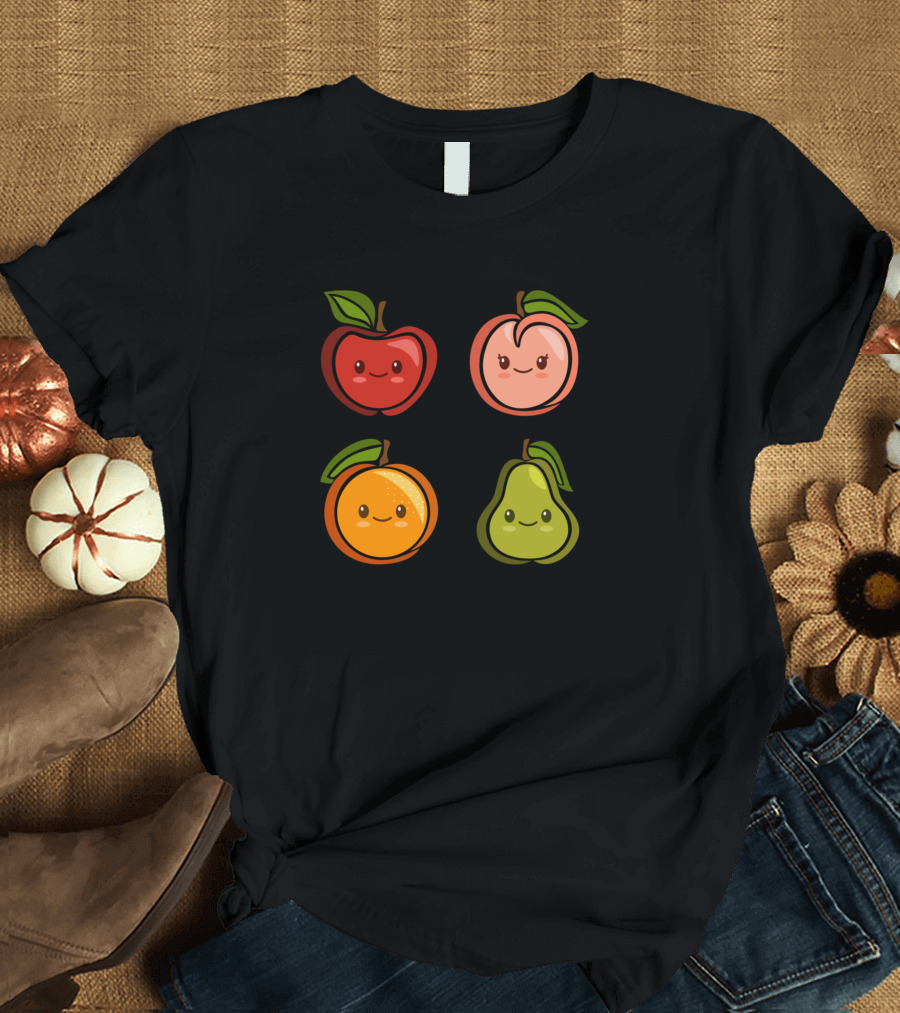Cute Adorable Kawaii Fruit Yummy Food Set Apple Peach Orange Pear T-Shirt