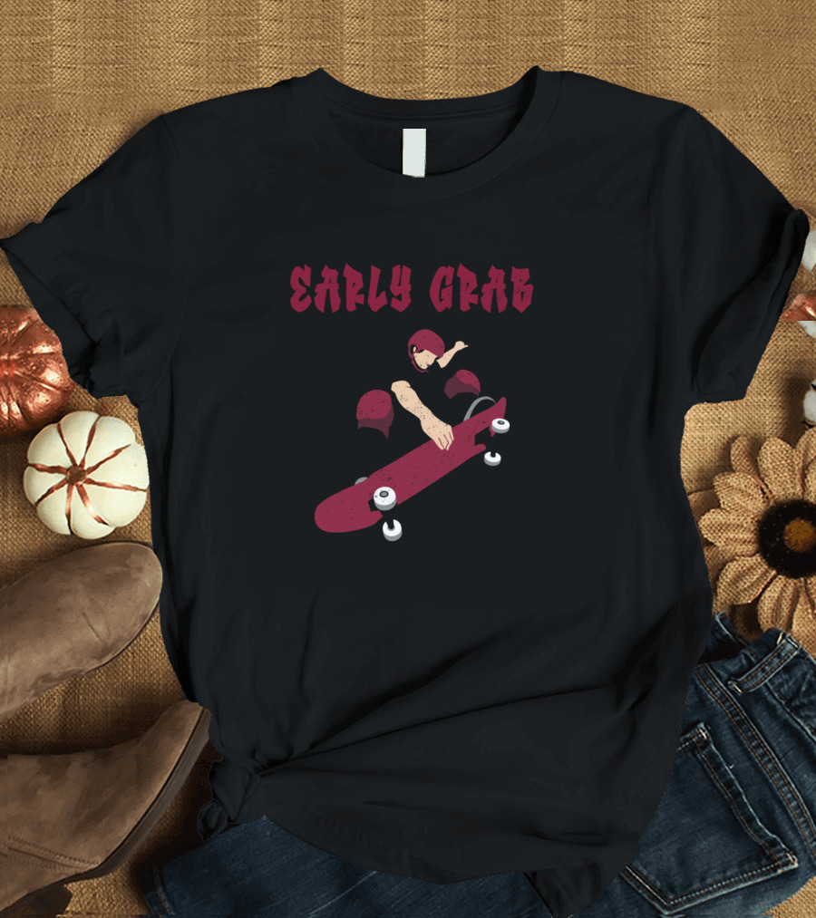 Early Grab Red Skater Boy Skateboarding Action T-Shirt
