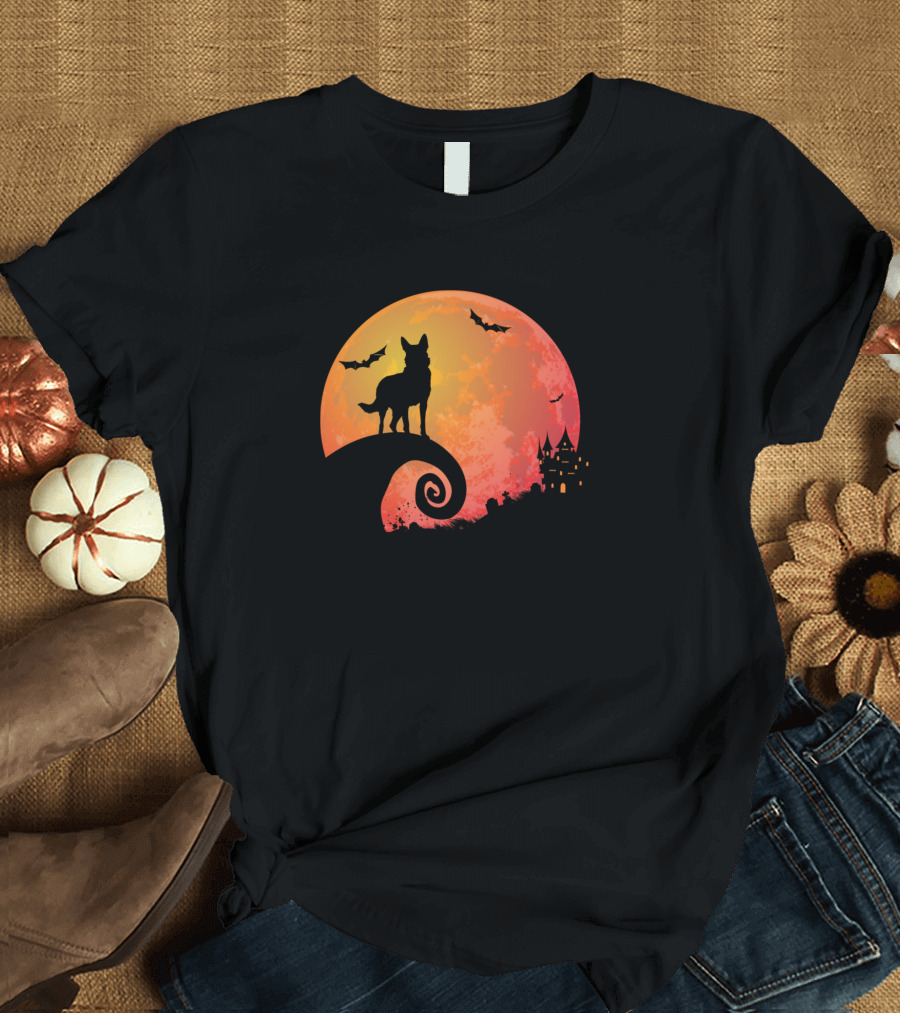 German Shepherd Full Moon Halloween Scene with Bats and Spooky Castle T-Shirt