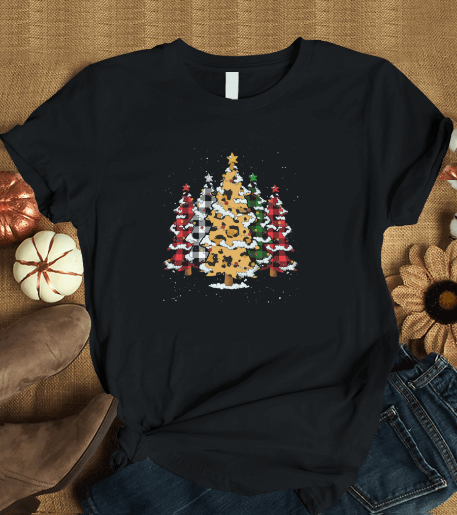 Merry Christmas Trees Buffalo Plaid and Leopard T-Shirt