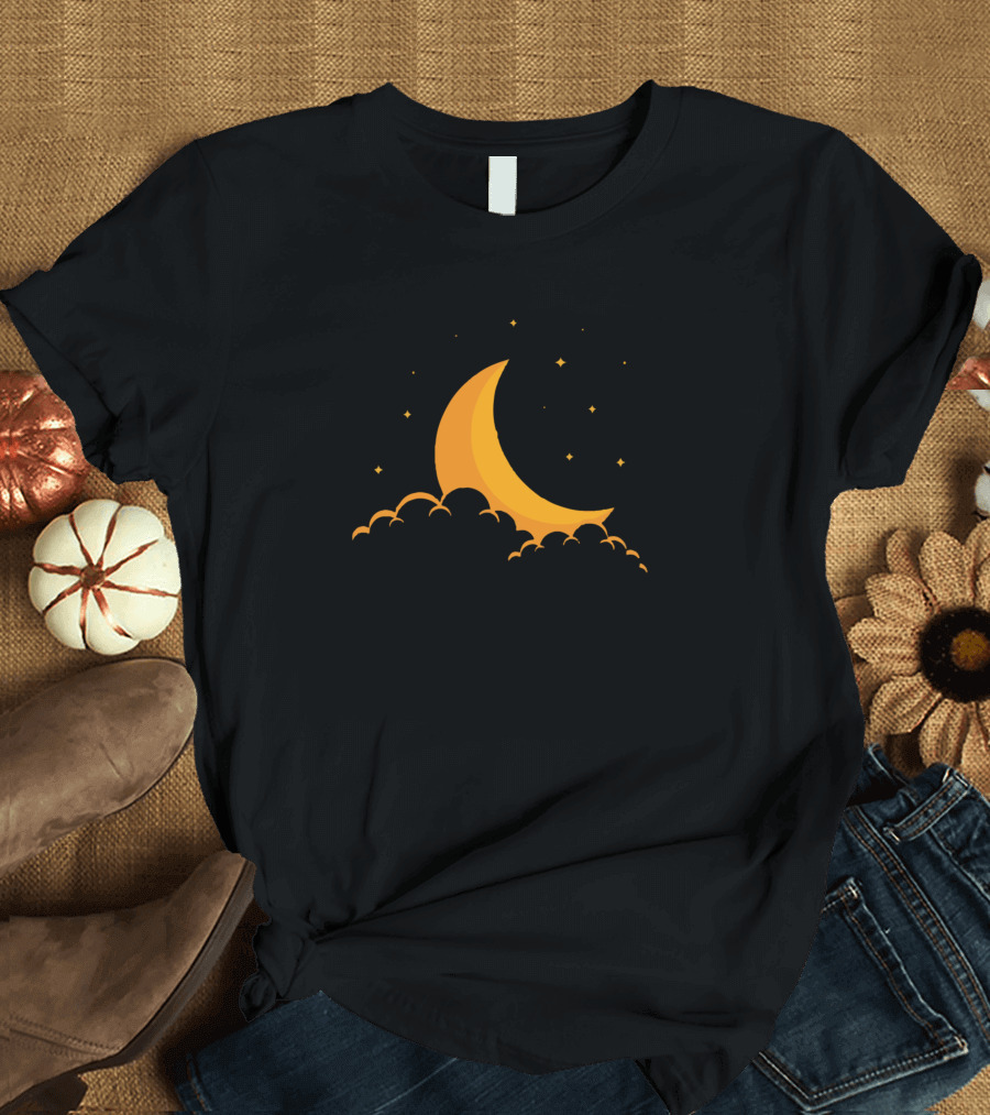Moon Clouds Yellow Crescent Above Dark Sky T-Shirt