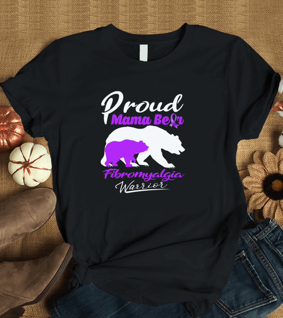 Proud Mama Bear Fibromyalgia Warrior with Purple Ribbon Support T-Shirt