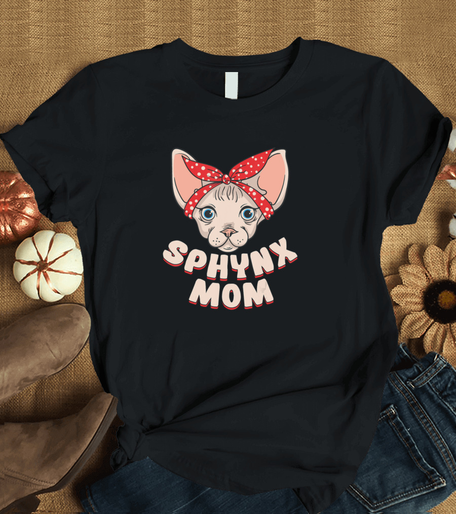 Sphynx Cat Mom with Red Polka Dot Bandana T-Shirt