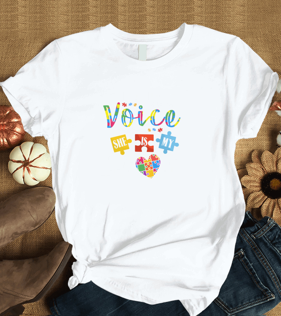 I Am Her Voice She Is My Heart Autism Awareness Puzzle Pieces Heart T-Shirt