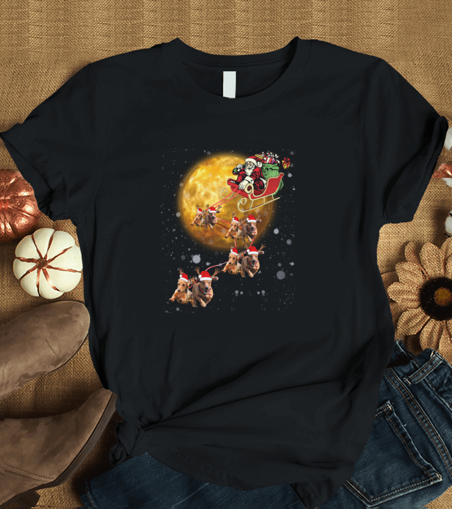 Santa Sleigh Dachshund Reindeer Christmas Moon Scene T-Shirt