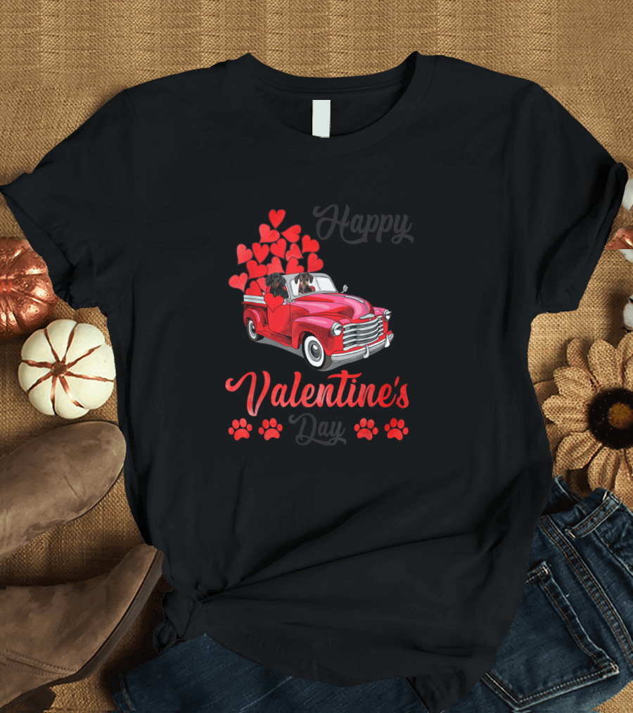 Valentine's Day Dachshund Couple in Red Truck with Hearts T-Shirt
