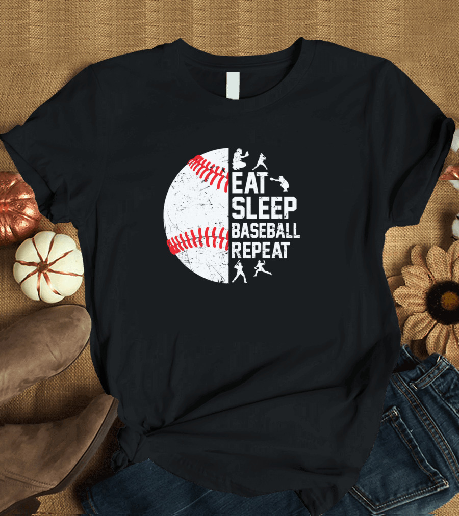 Eat Sleep Baseball Repeat Funny Softball Player Iconic Baseball Stitch T-Shirt