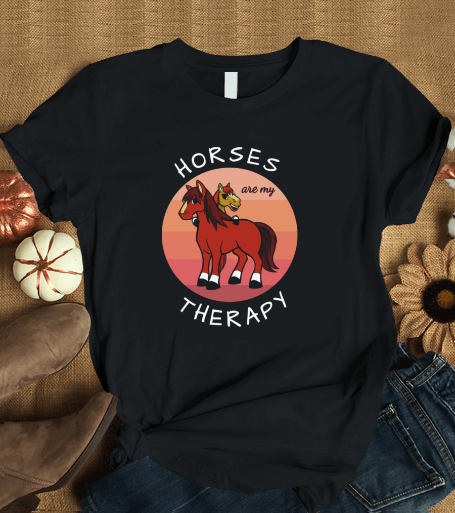 HORSES ARE MY THERAPY Red and Orange Sunset Circle with Two Horses Embrace T-Shirt