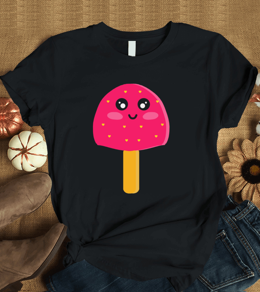 Pink Strawberry Ice Cream Cute Kawaii Heart Faces T-Shirt